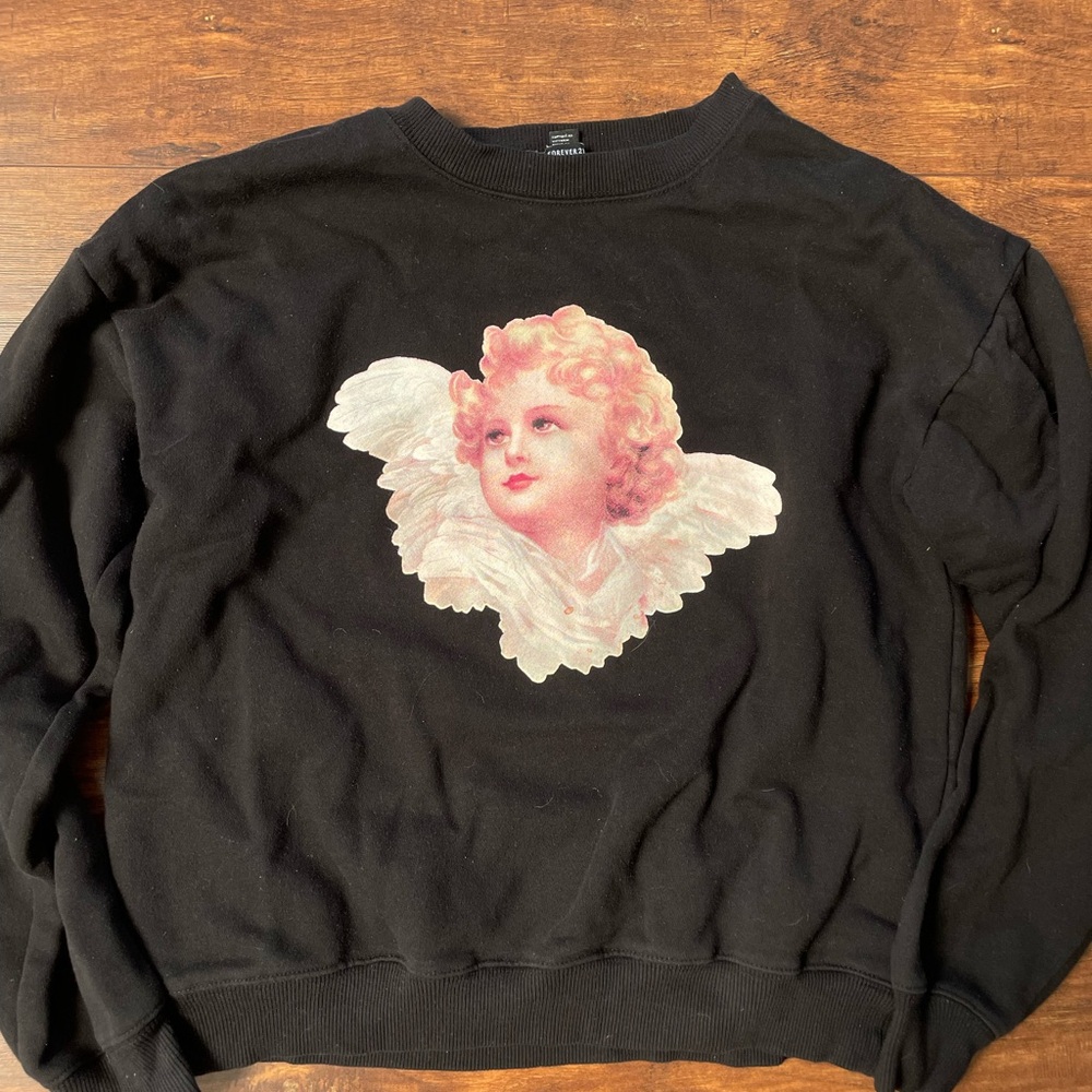 Forever 21 Black Sweatshirt with Angel Design